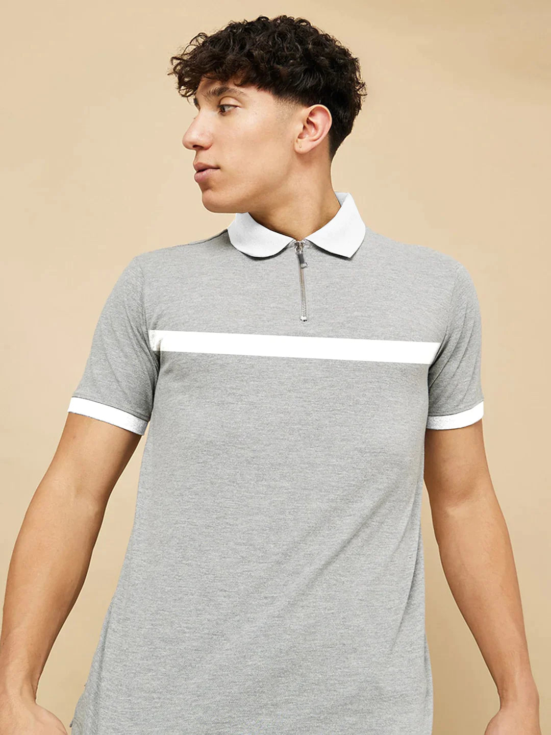 Men's White Horizontal Stripe Zipped Cotton Polo