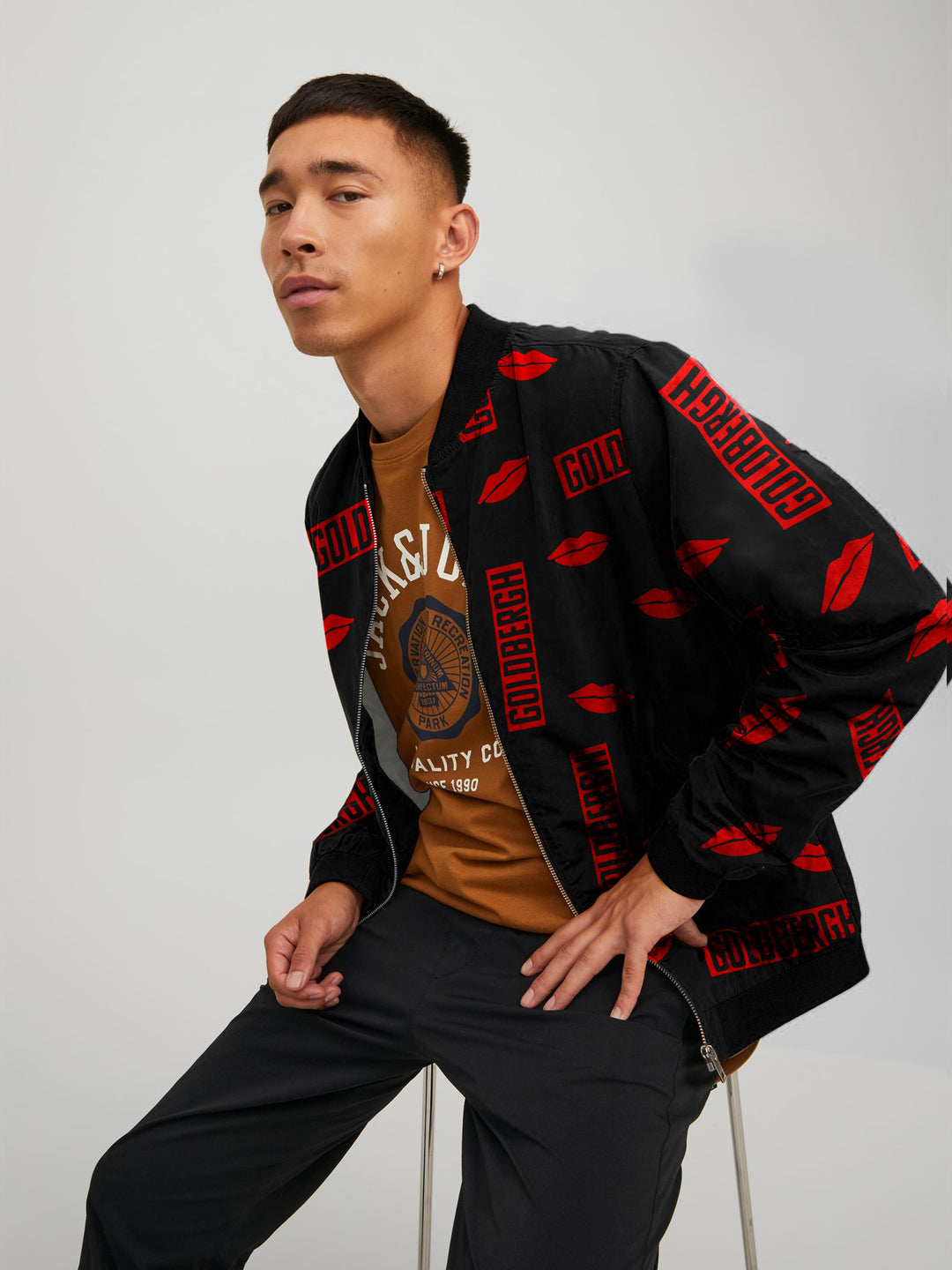Men's Street Style All Over Self Printed inside Fur Bomber Jacket