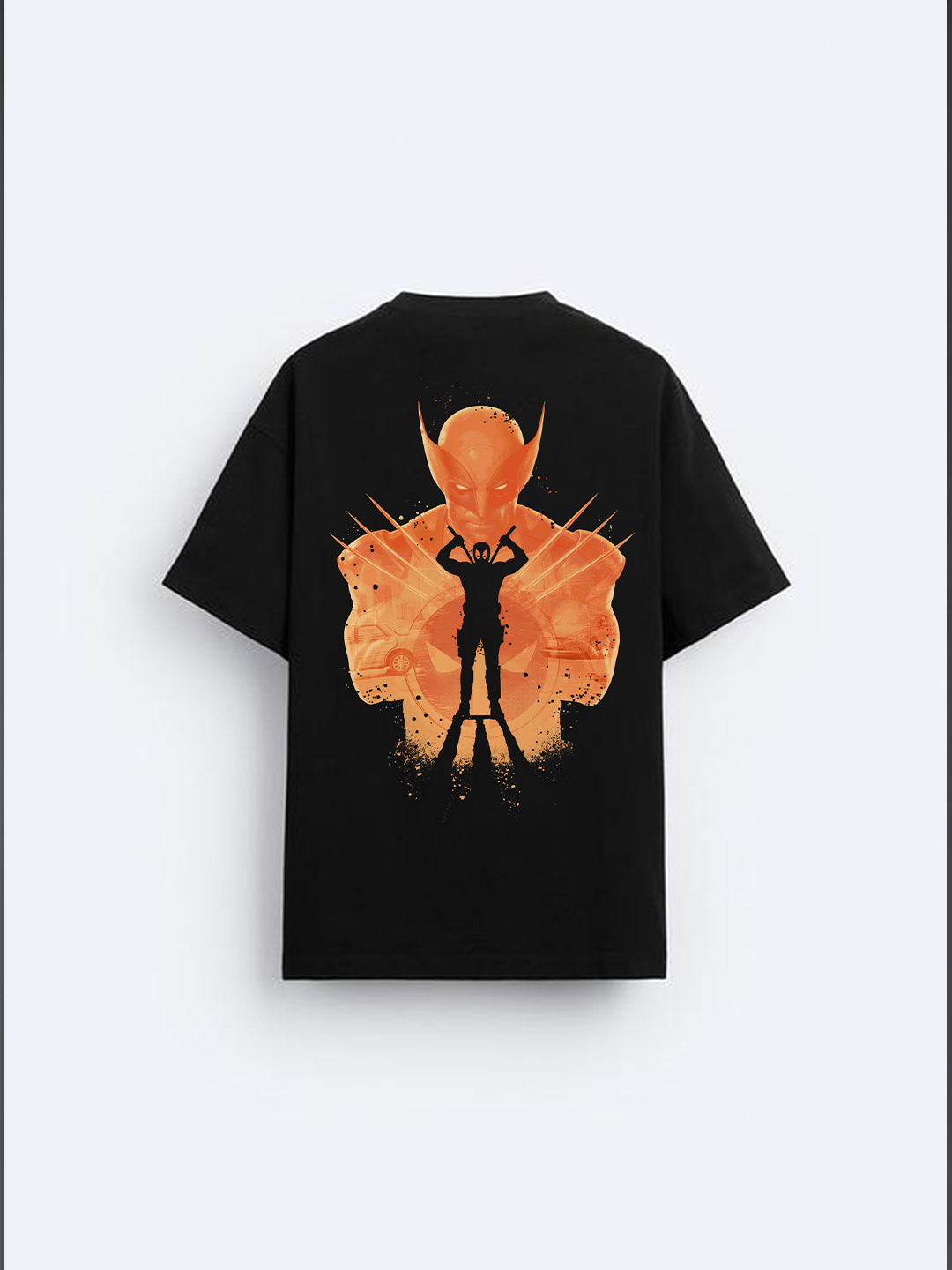 Men's Wolverine x Deadpool Shadow Clash Oversized Graphic Printed Tee