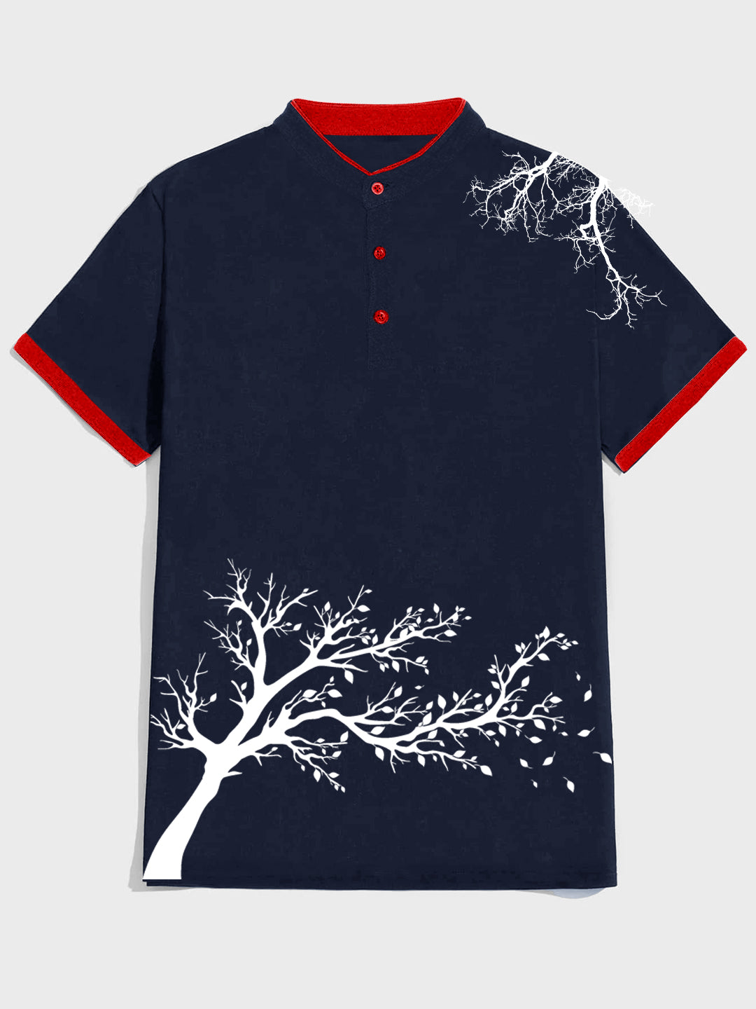 Men's Slim Fit Graphic Print Leaf Tree Mandarin Collar Polo