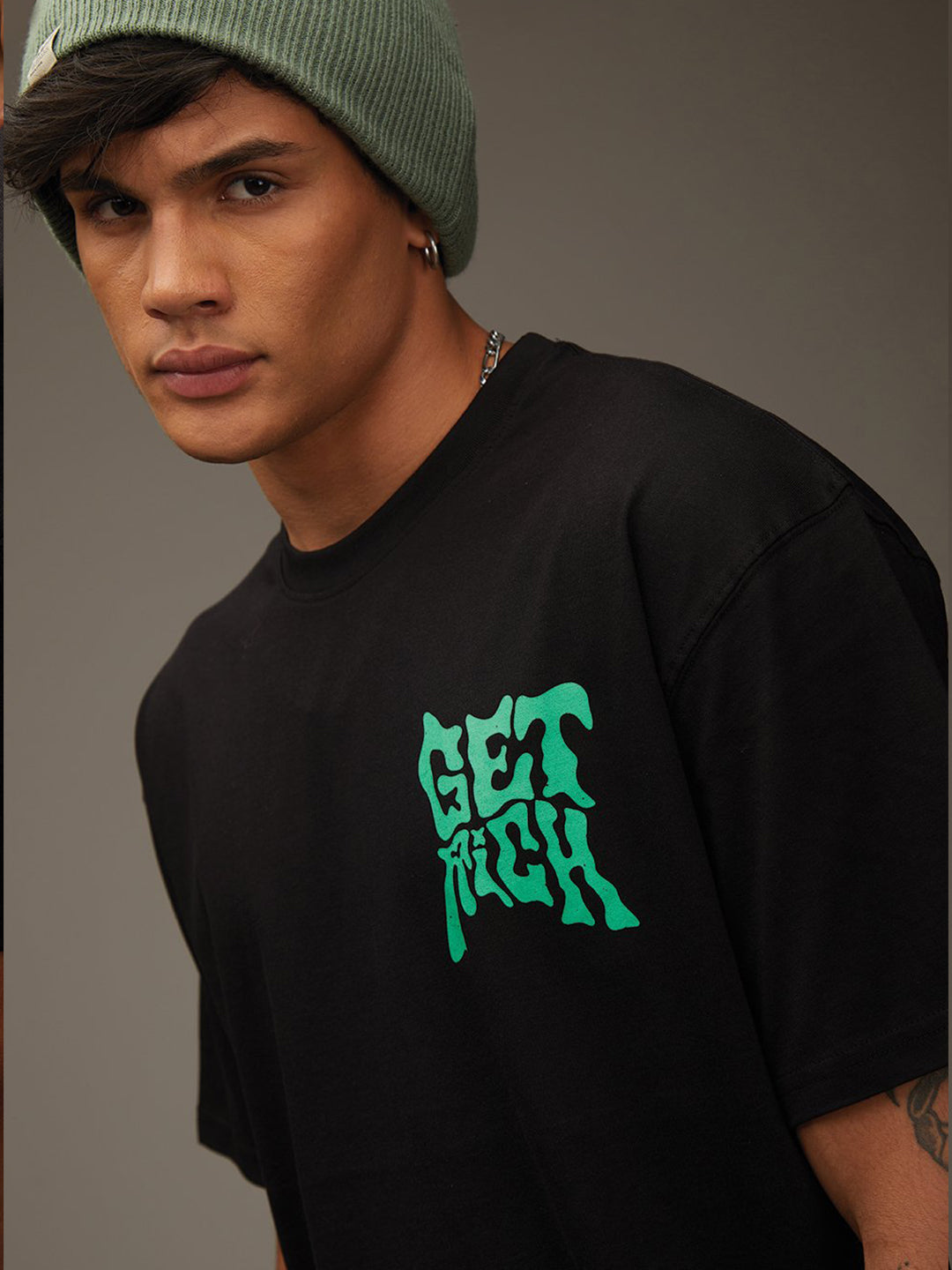 Men's Get Rich Oversized Black Graphic Tee