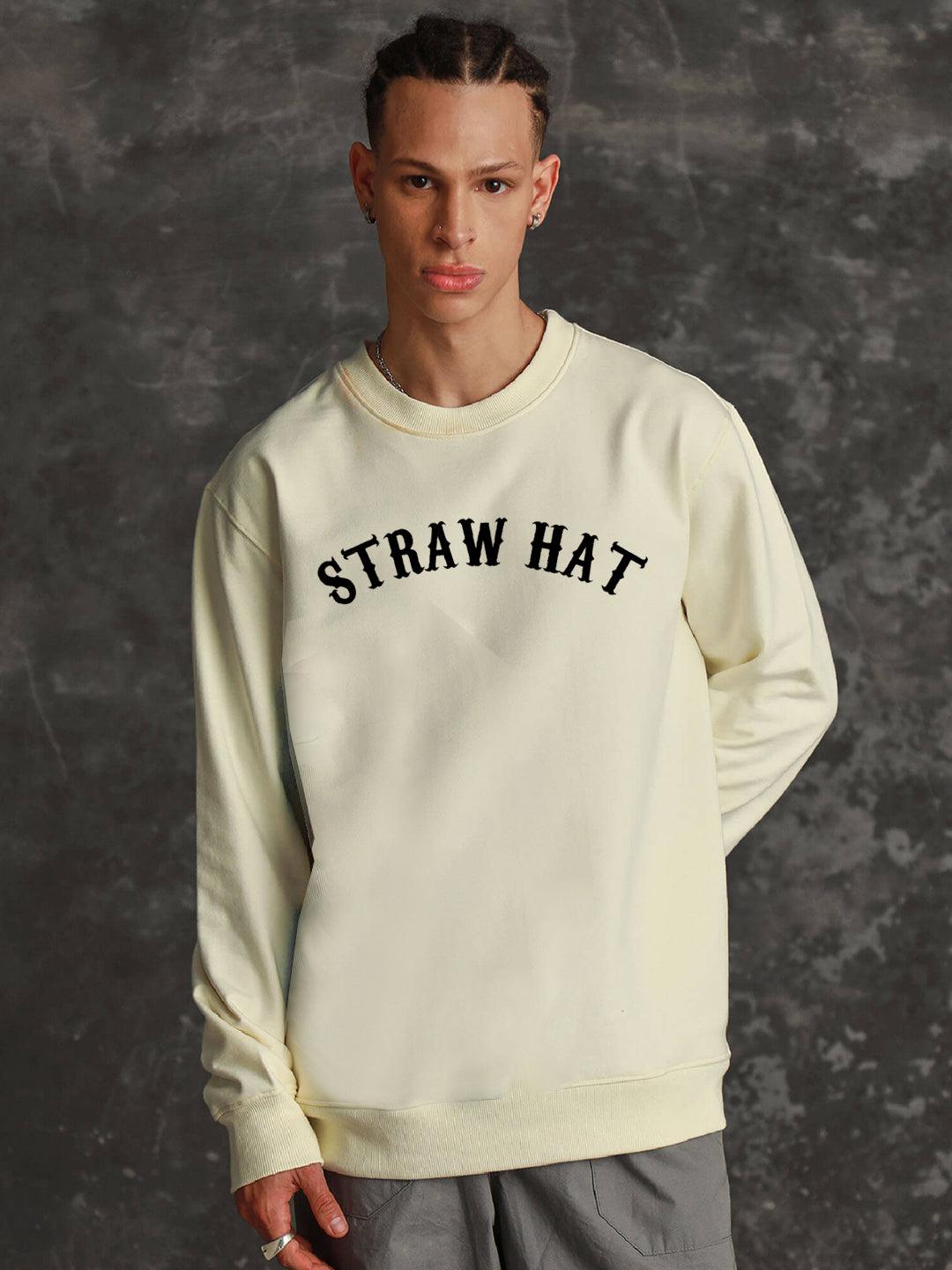 Oversized  Straw Hat Heavy Fleece Printed Sweatshirt