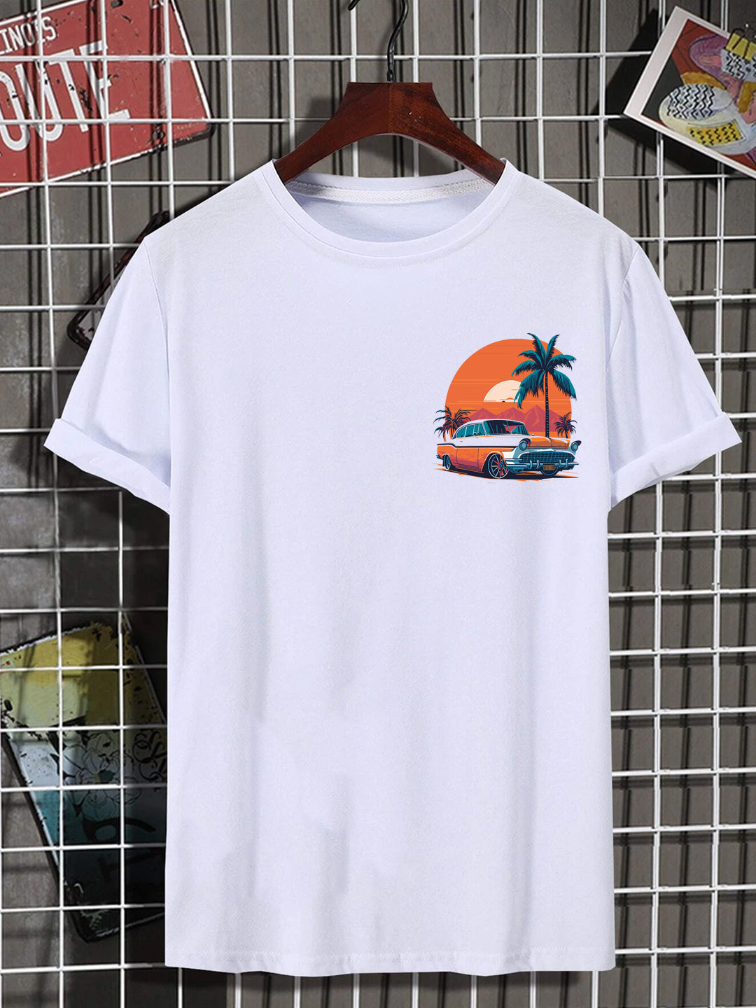 Men's Beach Car Print Graphic Slim Fit White Tee