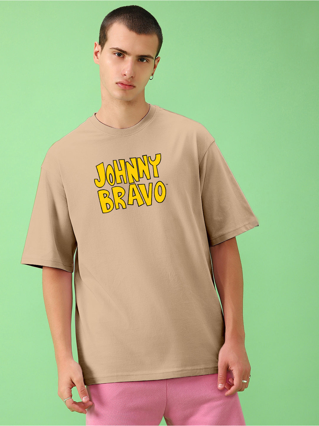 Men's Brown Johnny Bravo Graphic Printed Oversized T-shirt