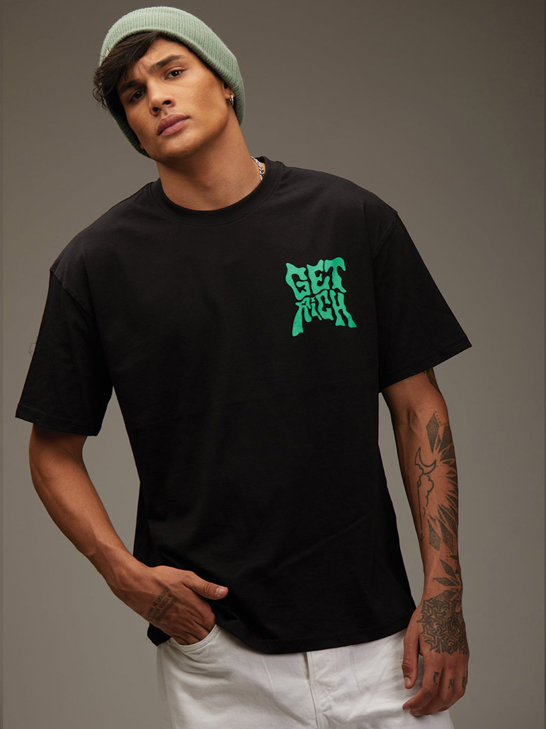 Men's Get Rich Oversized Black Graphic Tee