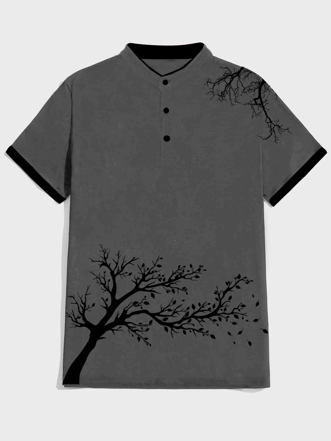 Men's Slim Fit Graphic Print Leaf Tree Mandarin Collar Polo