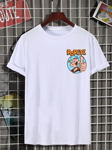 Men's Popye Print Graphic Slim Fit White Tee