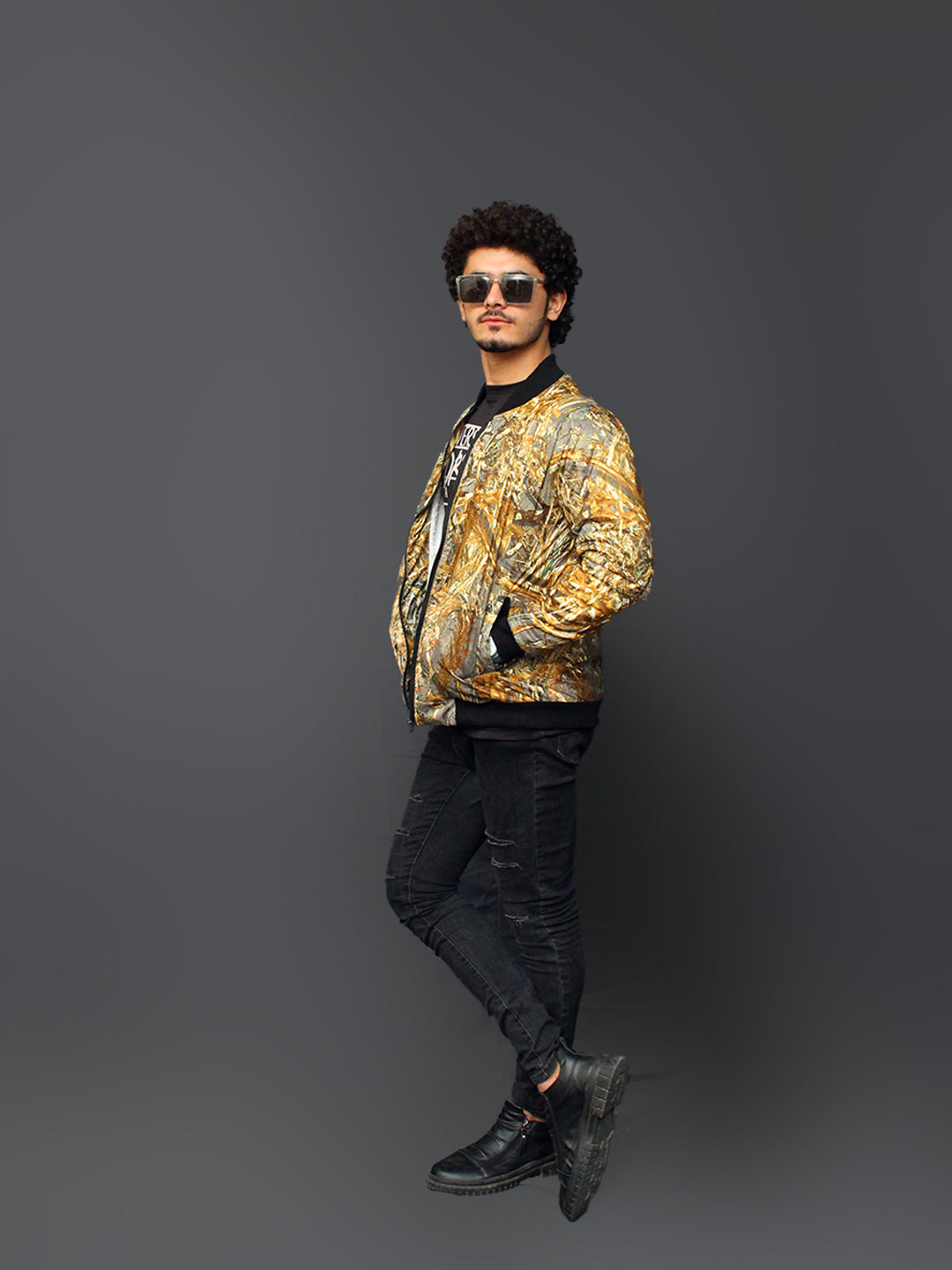 Men's Self Wood Printed inside Fur Bomber Jacket