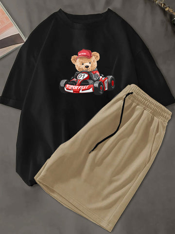 Men's Bear Graphic Tee & Drawstring Waist Shorts
