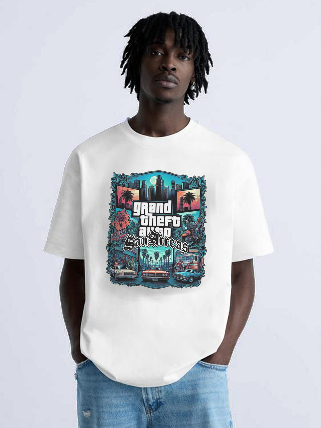 Unisex off Shoulder GTA Oversized Graphic Printed Tee