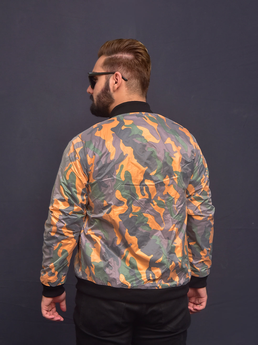 Men's Camo Self Printed inside Fur Orange Bomber Jacket