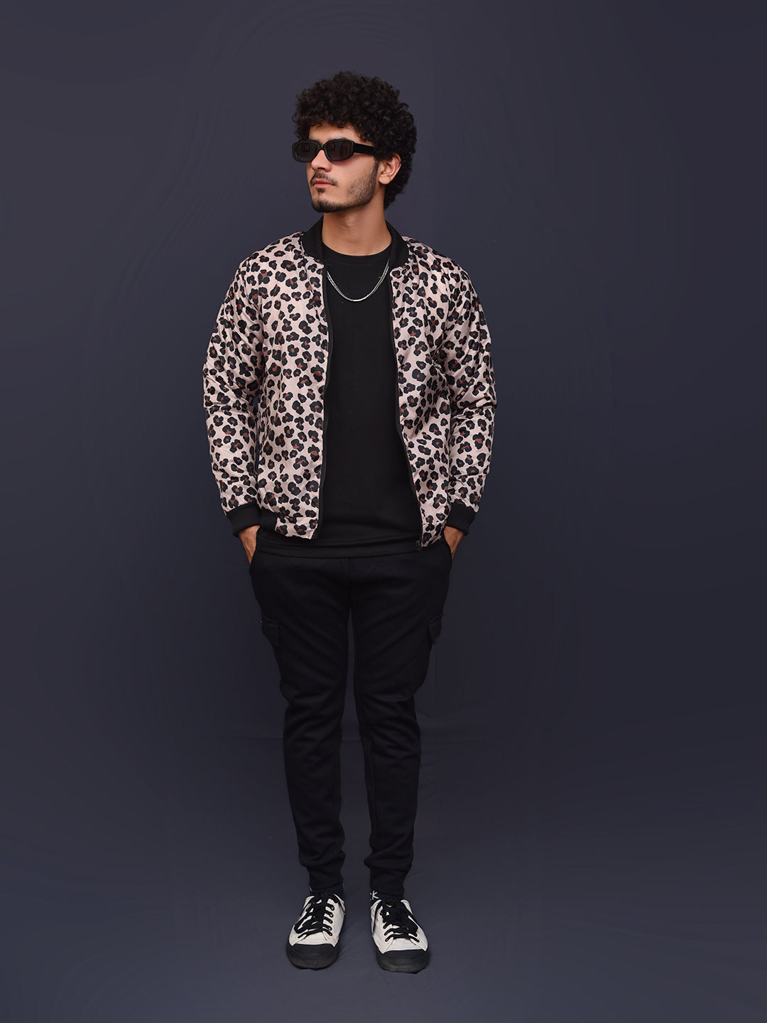 Men's Leopord Self Printed inside Fur Bomber Jacket