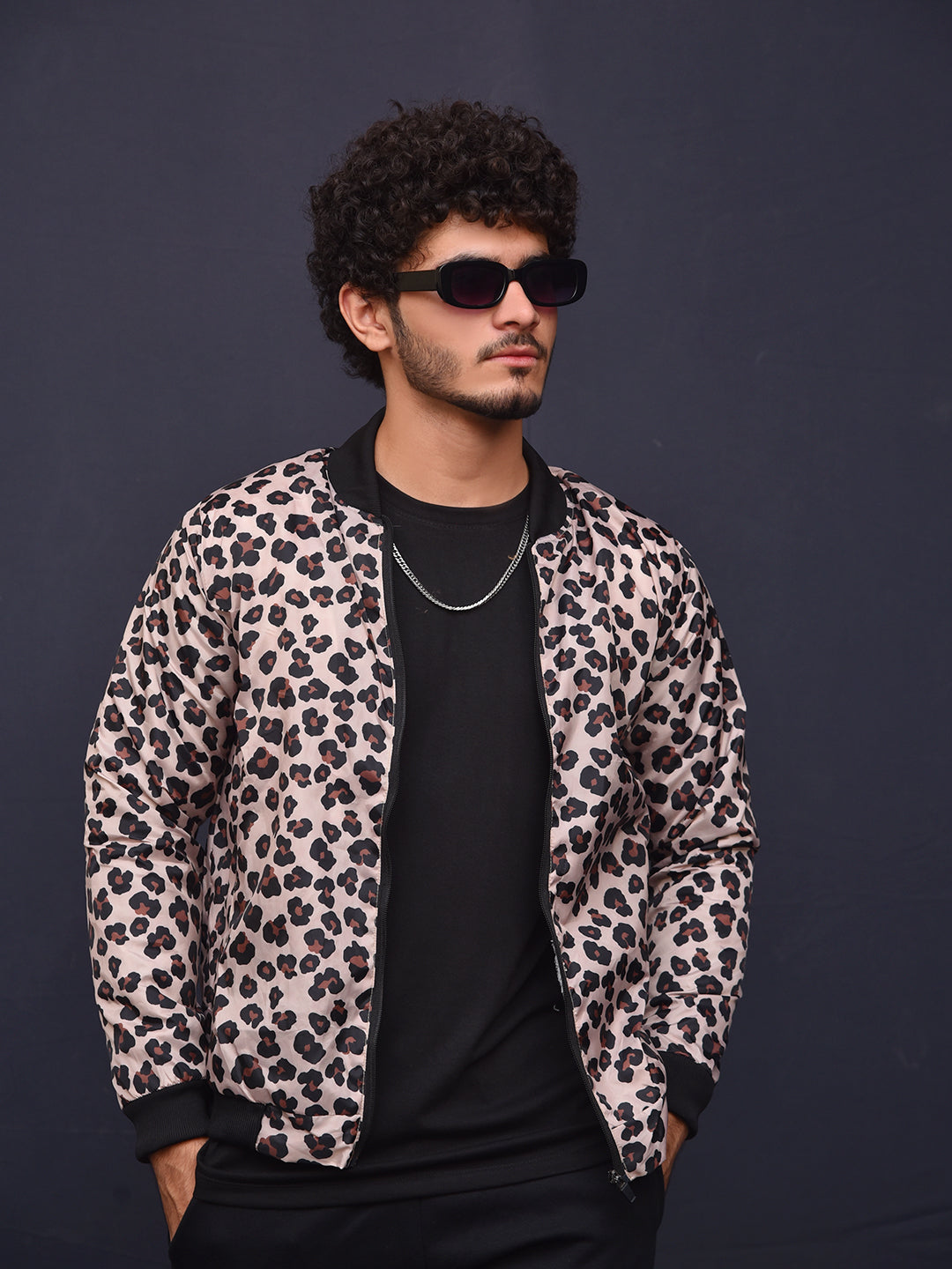 Men's Leopord Self Printed inside Fur Bomber Jacket